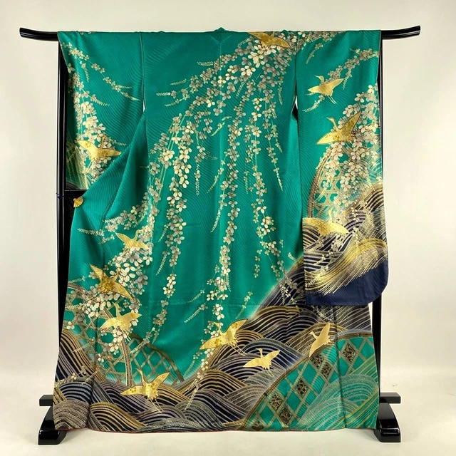 Japanese kimono SILK"FURISODE" long sleeves,Gold leaf,Flying Cranes,L5' 7"..3417