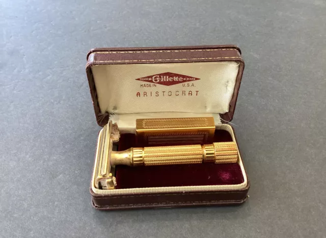 Vintage 1930s 1940s Gillette Open Comb TTO Gold Aristocrat Safety Razor In Case