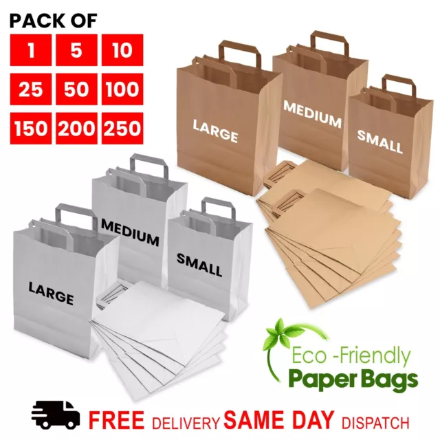 Paper Kraft Bags with Flat Handles Brown White Takeaway Food Grocery Carrier Bag