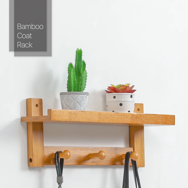 Bamboo Wall Mounted[FLOATING SHELF]Clothes Hook Rack Mail Holder Bag Hat Hanger 3