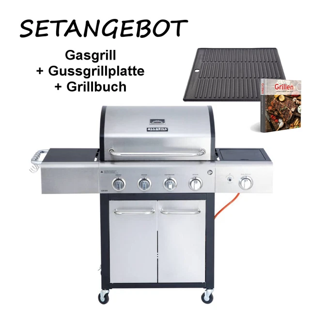 Allgrill BBQ Gasgrill FESTIVAL edelstahl-schwarz Set inkl. Grillplatte Grillbuch