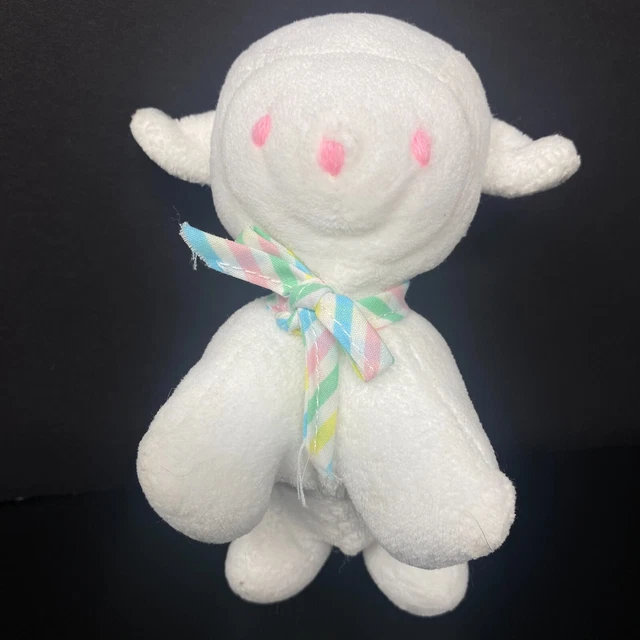 Lillian Vernon White Lamb Sheep Plush Rattle Pink Eyes Bow 5" Stuffed Animal Toy