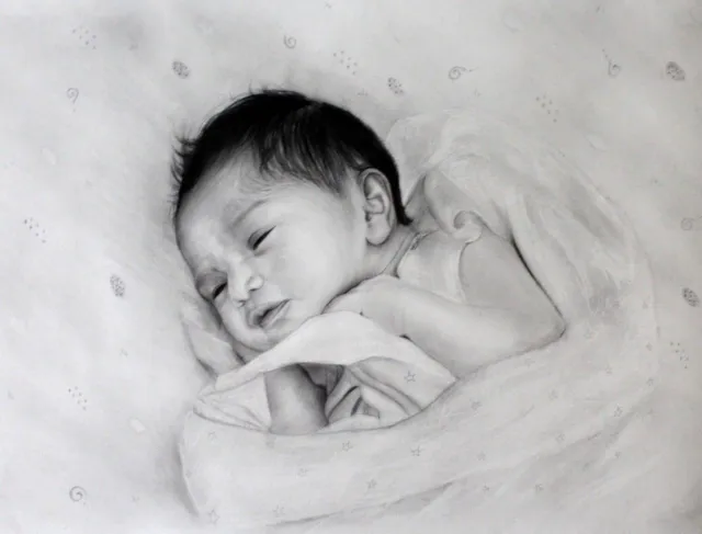 Retratos de bebés realistas dibujando con lápices de carbón y grafito 2