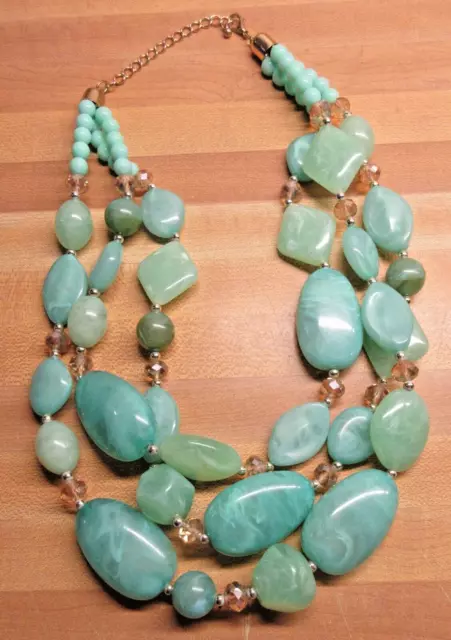 New 21" multi strand metal chain blu green shade gold tone chunky BEAD necklace