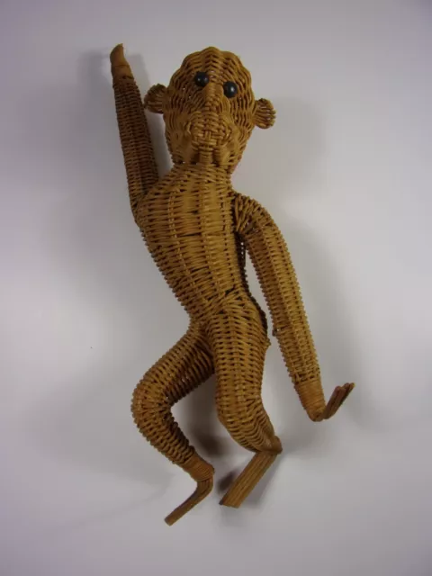 Vintage Ratan Wicker Hanging Baby Monkey Plastic Red Eye Large 16" Damaged Hand