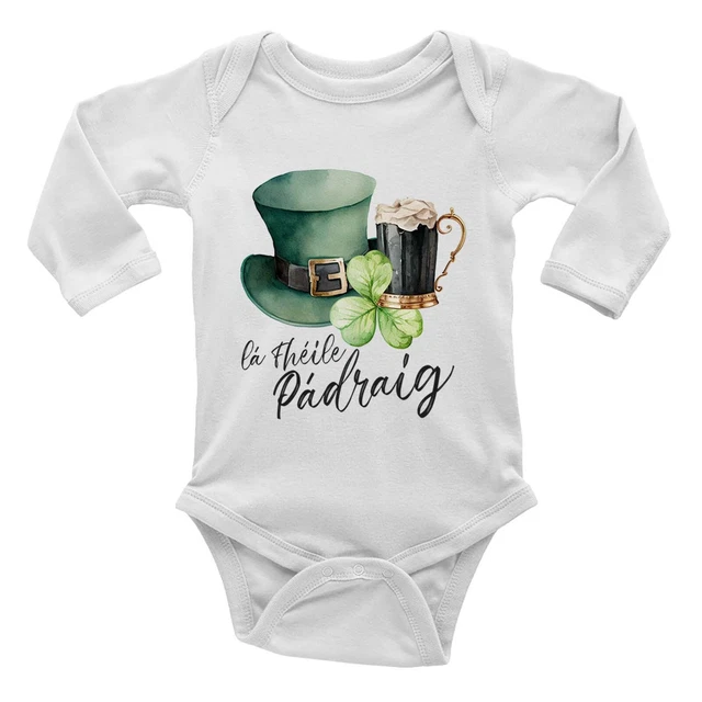 St Patrick's Day Gaelic Baby Grow Vest Bodysuit La Fheile Padraig Clover Hat L/S