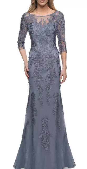 New La Femme Gorgeous Floral Lace Sheath Gown 3/4 Sleeve Slate Blue Sz 10 $619