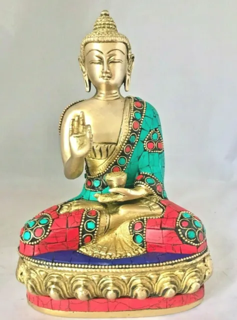 Large Buddha 8'' Stone work Medicine Budha Brass Meditation Handmade