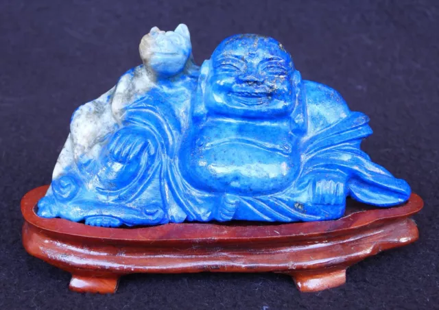 Lapis Lazuli Seated Buddha w/ Dragon Vintage Chinese Hand Carved w/ Wood Stand