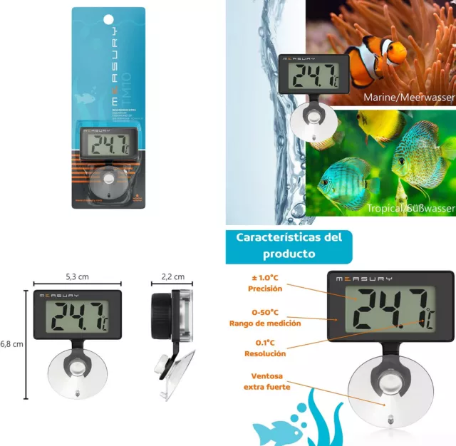 Measury - Termometro digital Acuario interior, 0 - 50°C,apto agua salada o dulce