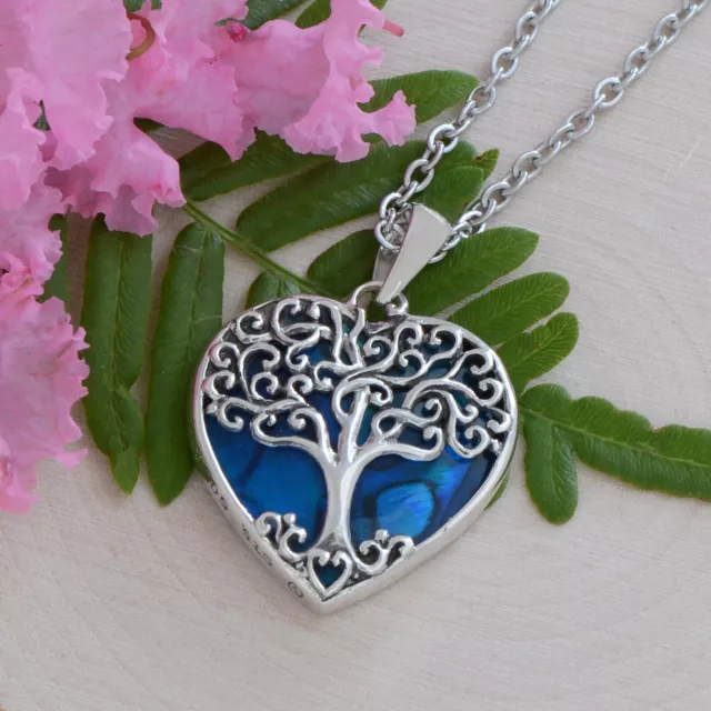 Tree of Life Heart Mini Pendant Necklace Blue Abalone Sterling Silver