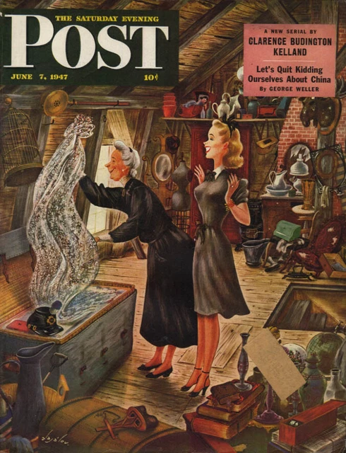 SATURDAY EVENING POST COVER 6/7 1947 by Alajalov: Grandma's wedding veil!