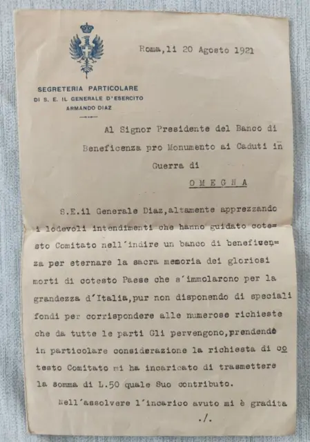 Lettera Armando Diaz 1921 Regio Esercito Caduti Omegna Verbania Firma Ruspoli