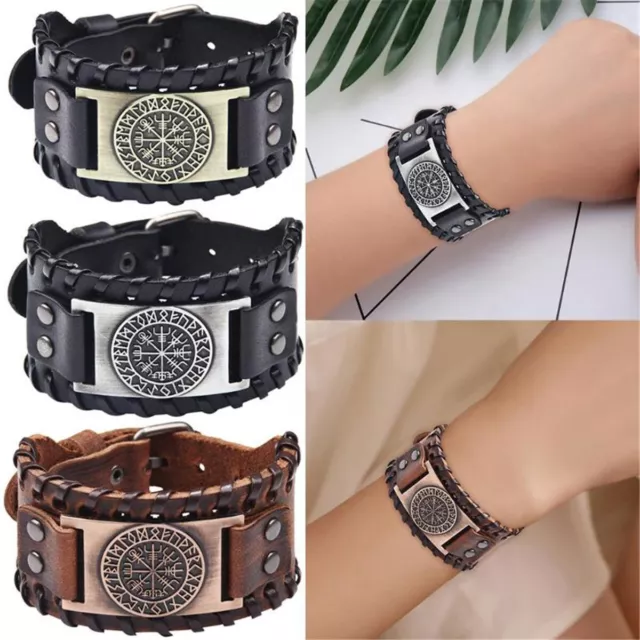 Men's Vintage Norse Viking Vegvisir Rune Leather Cuff Wristband Bracelet Jewelry