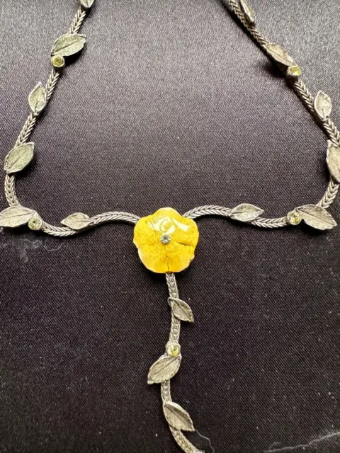 Elegant Vintage Silver French Designer SAOYA - Small leaves,Yellow Glass Flower