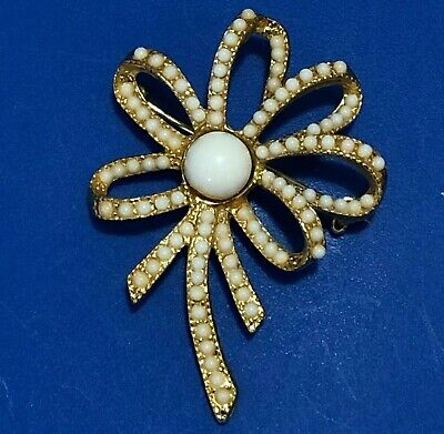 Vintage Flower Brooch Pin Gold Tone Metal White Beads Womens Retro Jewelry