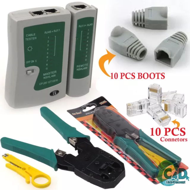 RJ45 RJ11 Cat5e Cat6 Network LAN Cable Tester Crimping Tool Connectors & boots 2