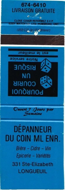 Quebec Canada Du Coin Ml Enr., Convenience Store Vintage Matchbook Cover