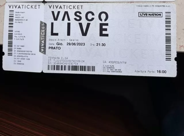 Biglietto Singolo Per  Concerto Vasco Rossi Salerno 29 giugno 2023