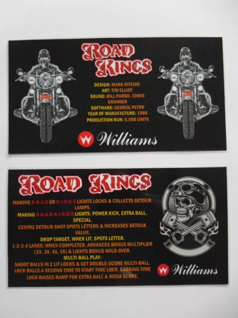 * * 'ROAD KINGS' Williams 1986 Custom Instruction/Apron Cards * * (New)