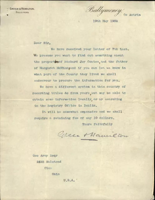 1903 Letter Green & Hamilton,Solicitors Geo Arey Richard Joy Coates Margaret Mcm
