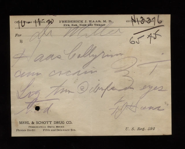 FREDERICK J HAAS MD Leavenworth KS Kansas Handwritten COCAINE Prescription 1920