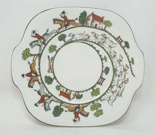 Crown Staffordshire Jagdszene 9,25 Zoll 2 Griffe Kuchen oder Sandwichteller