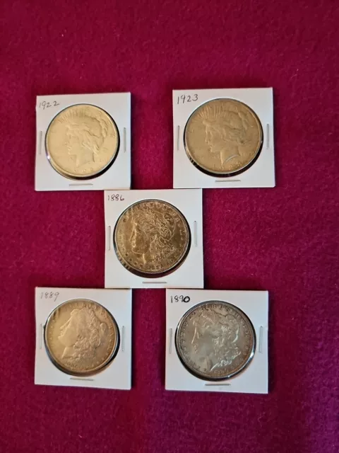 Mixed Morgan + Peace Silver Dollars / Lot of 5 coins / Nice Coins