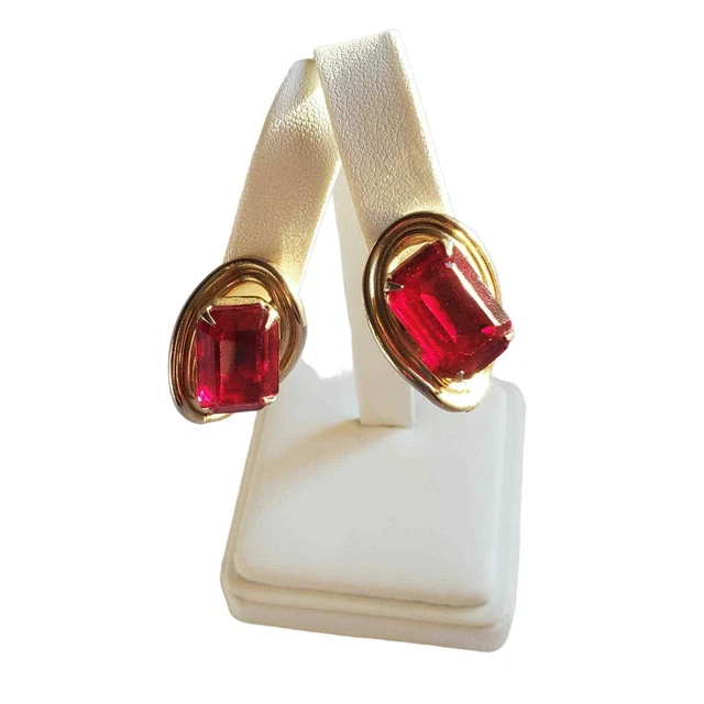 Vintage Coro Earrings w/ Large Red Emerald Cut Glass Stones on Gold tone