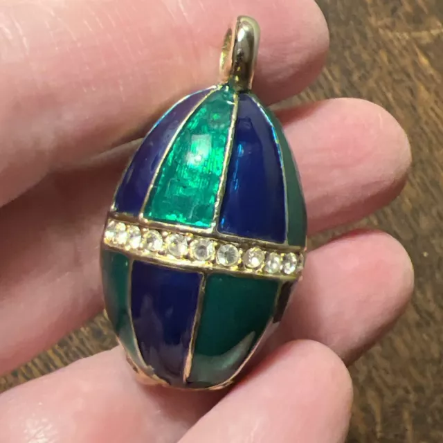 Vtg Signed Swarovski Crystal Green Blue Enamel Faberge Egg Gold Pendant Locket