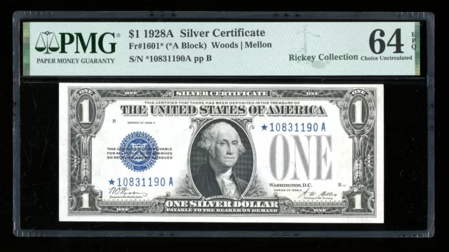 DBR 1928-A $1 Silver Funnyback STAR Fr. 1601* PMG 64 EPQ Serial *10831190A