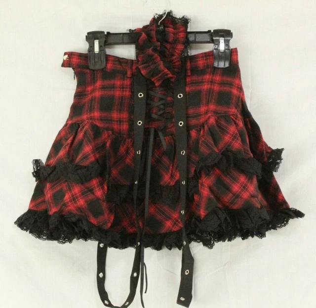 STRANGE CAT EYES Juniors Size L Harajuku Rock Cosplay Skirt Plaid Red Black NWT