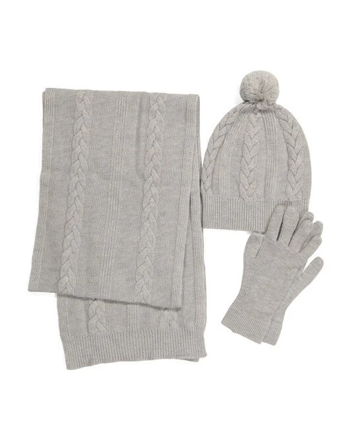NWT PETER MILLAR 100% Cashmere Light Gray Knit Hat Scarf And Gloves Set