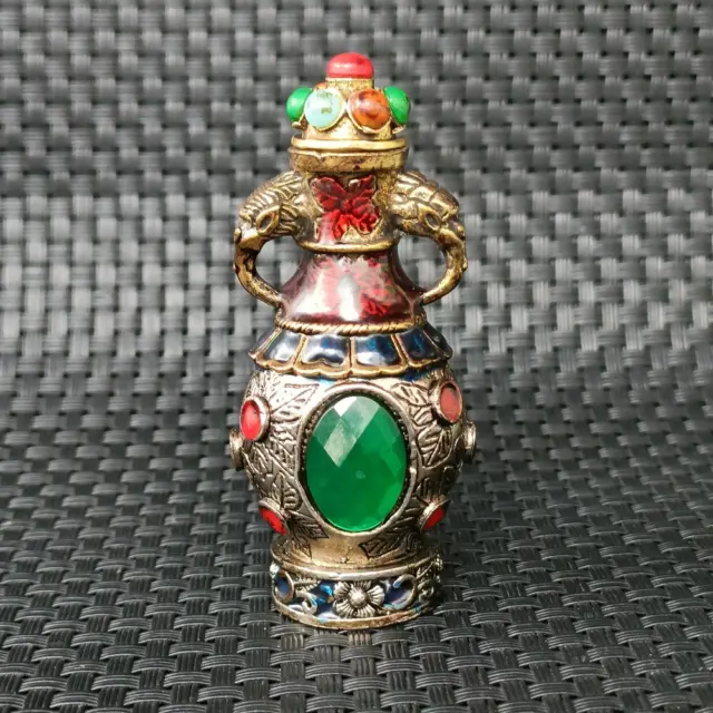 Ancient Chinese Silver and Green Faceted Gemstone Art Snuff Bottle