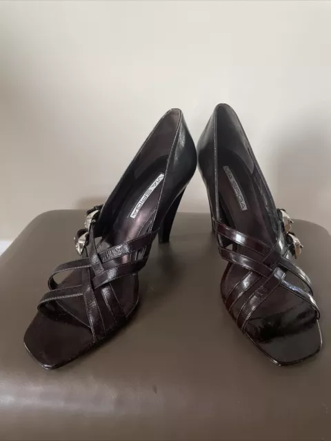 Via Spiga Strappy Black Leather Open Toe Heels Shoes Women’s Sz US 8 M