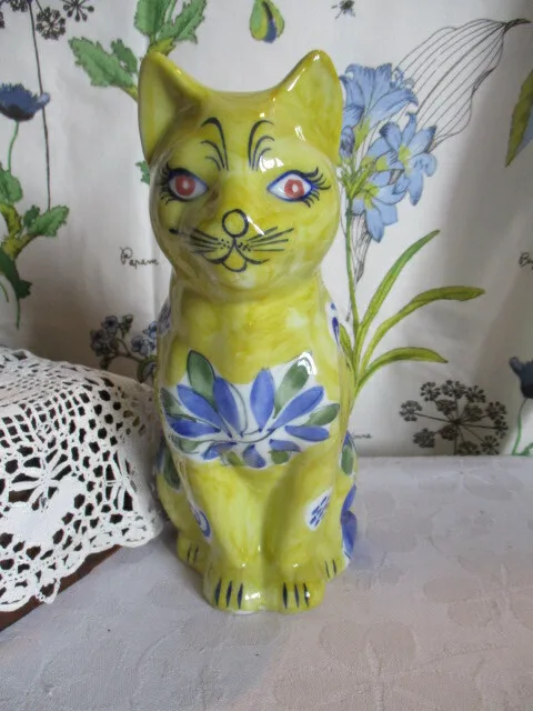 Large Vintage Wemyss style Cat, China, Yellow and Blue 27cm high