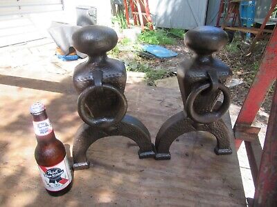 Vtg Iron Andirons,w/Rings,Fireplace,2,Hammered Style,Unmarked~GD🤠🤠🤠FP3.18.22