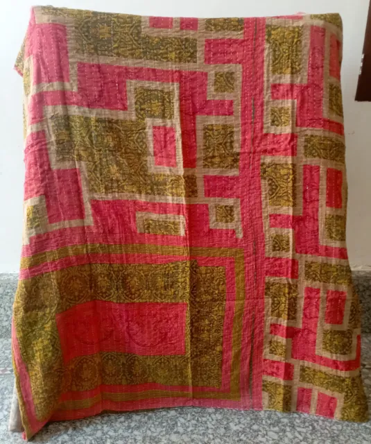 Vintage Kantha Quilt Indian Handmade Throw Reversible Blanket Bedspread Cotton