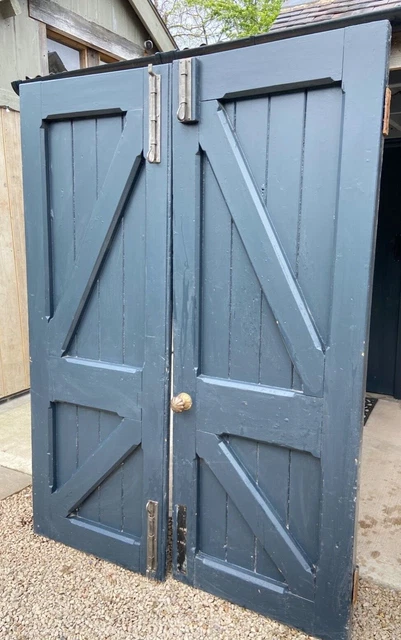 Large Pr of Edwardian Pitch Pine Doors. painted in F&B with ironmongery handles