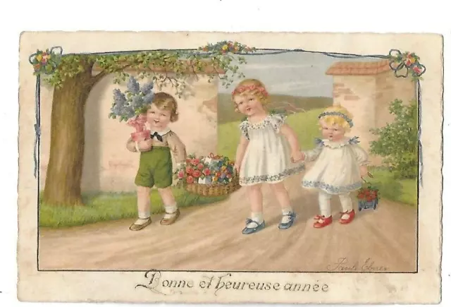 CPA carte postale ancienne illustrateur enfants aux fleurs Bonne année greetings