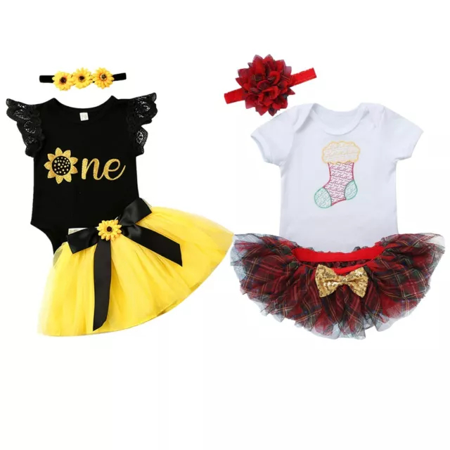 Baby Girls Christmas Romper Dress Outfits Tutu Skirt Infant Party 3PCS Clothes