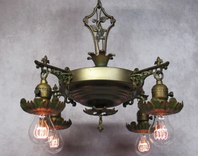 Vintage Antique 4 Light Art Deco Pan Light Chandelier Restored 1920's Brass