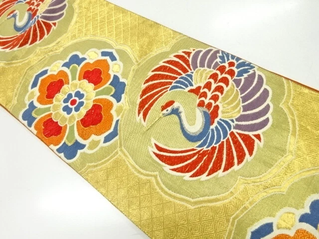 45242# Japanese Kimono / Antique Fukuro Obi / Woven Flower Crest With Cranes