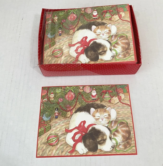 Vintage Carlton Christmas Greeting Cards 20 Pcs PUPPY KITTEN under Tree Open box