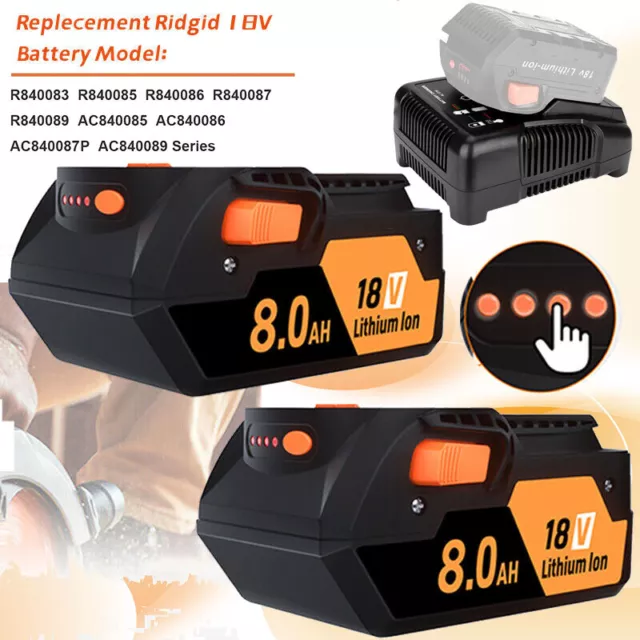 8.0Ah 6.0Ah Battery for RIDGID AEG 18V Li-Ion R840087 R840086 4AH / Charger Set