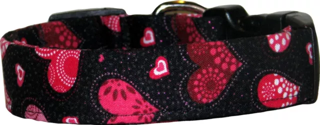 Pink & Red Decorated Glitter Hearts Black Valentines Day Handmade Dog Collar