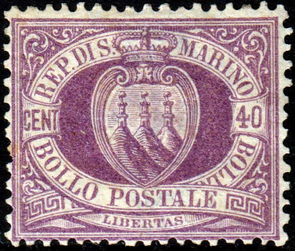 San Marino - 1877 -  Stemma 40 cent. lilla s. - nuovo (MH) - n.6 - cert.Raybaudi