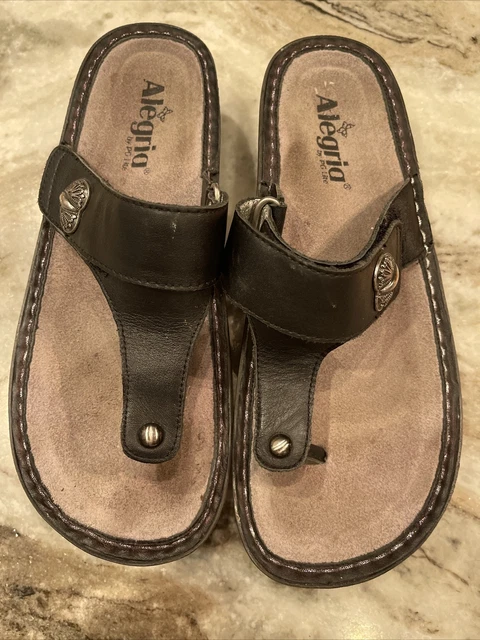 Alegria Carina Thong Sandal Flip Flop Black Leather Women’s EUC 39 US 9 Slip On