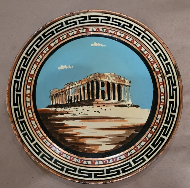 GREECE COPPER PLATE Wall Hanging Greek Parthenon Hand Painted Artist