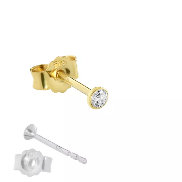 Single Ohrstecker Echt Gold 585er 2,5mm Cubic Zirkonia Damen Herren Kinder 1748